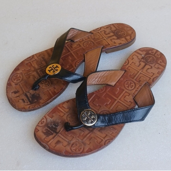 TORY BURCH Black and Brown Flip Flops with Logo - Picture 2 of 4